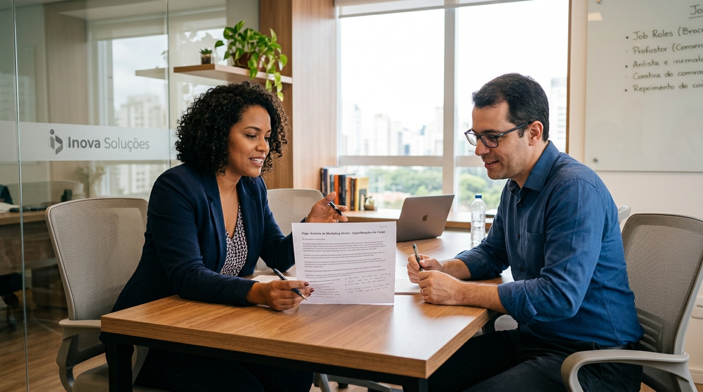 Duas pessoas conversam à mesa e conferem uma descrição de cargo em papel.